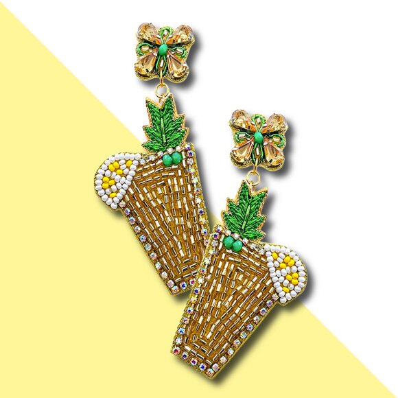 Mint Lemon Mojito Cocktail Seed Bead & Crystal Summer Resort Party Earrings NEW - Picture 4 of 4